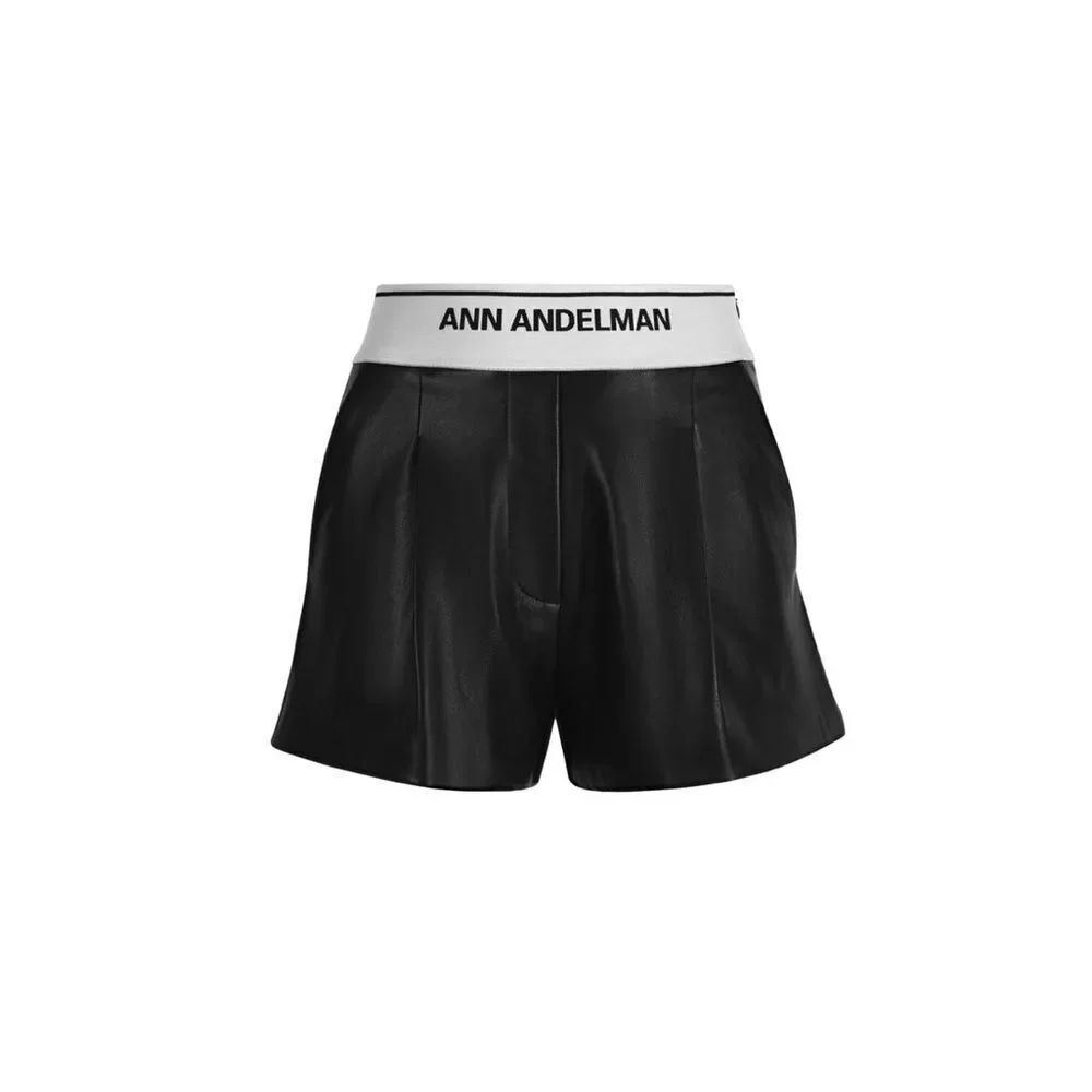 NWT Ann Andelman black stretch waist leather shorts